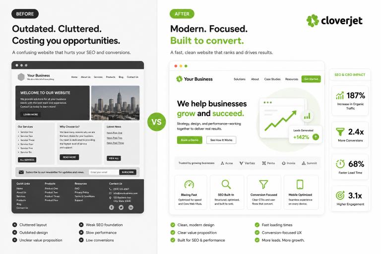 Visual showing the difference between stale web designs and modern redesigns